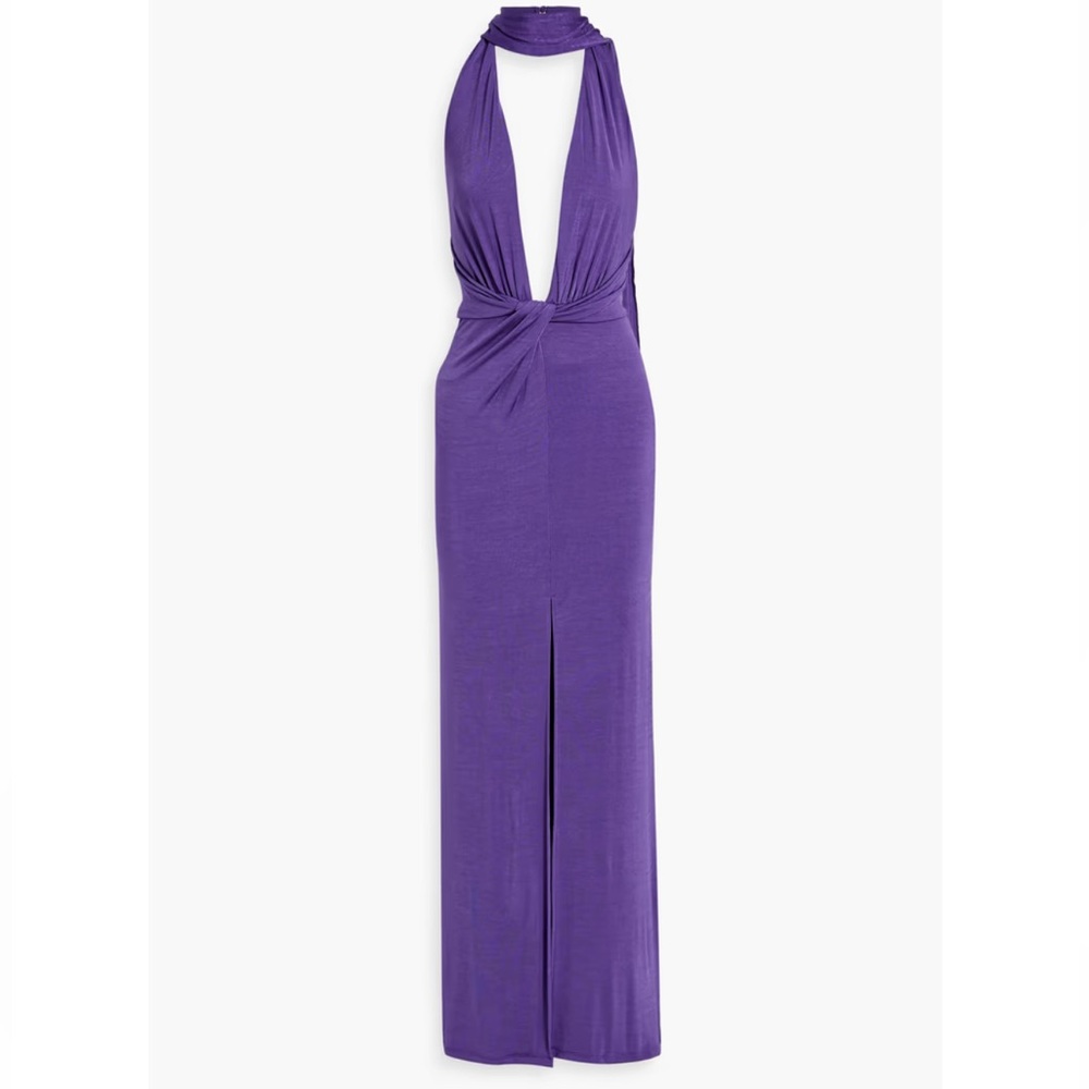 Alice + Olivia Purple Draped Twist-Front Jersey Gown (Size 6) Halter